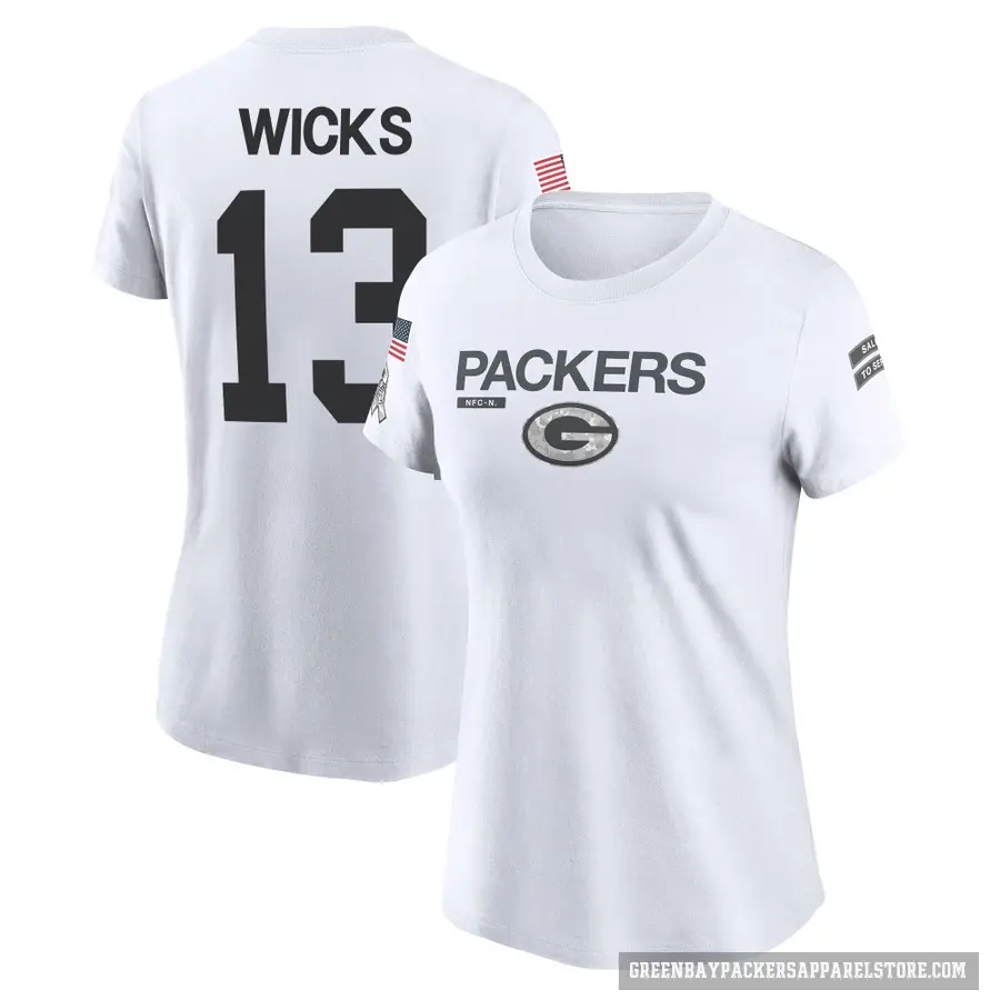 Women's ＃13 Dontayvion Wicks Green Bay Packers White 2024 Salute to Service Performance T-Shirt