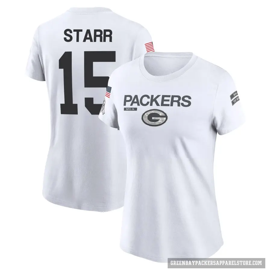 Women's ＃15 Bart Starr Green Bay Packers White 2024 Salute to Service Performance T-Shirt