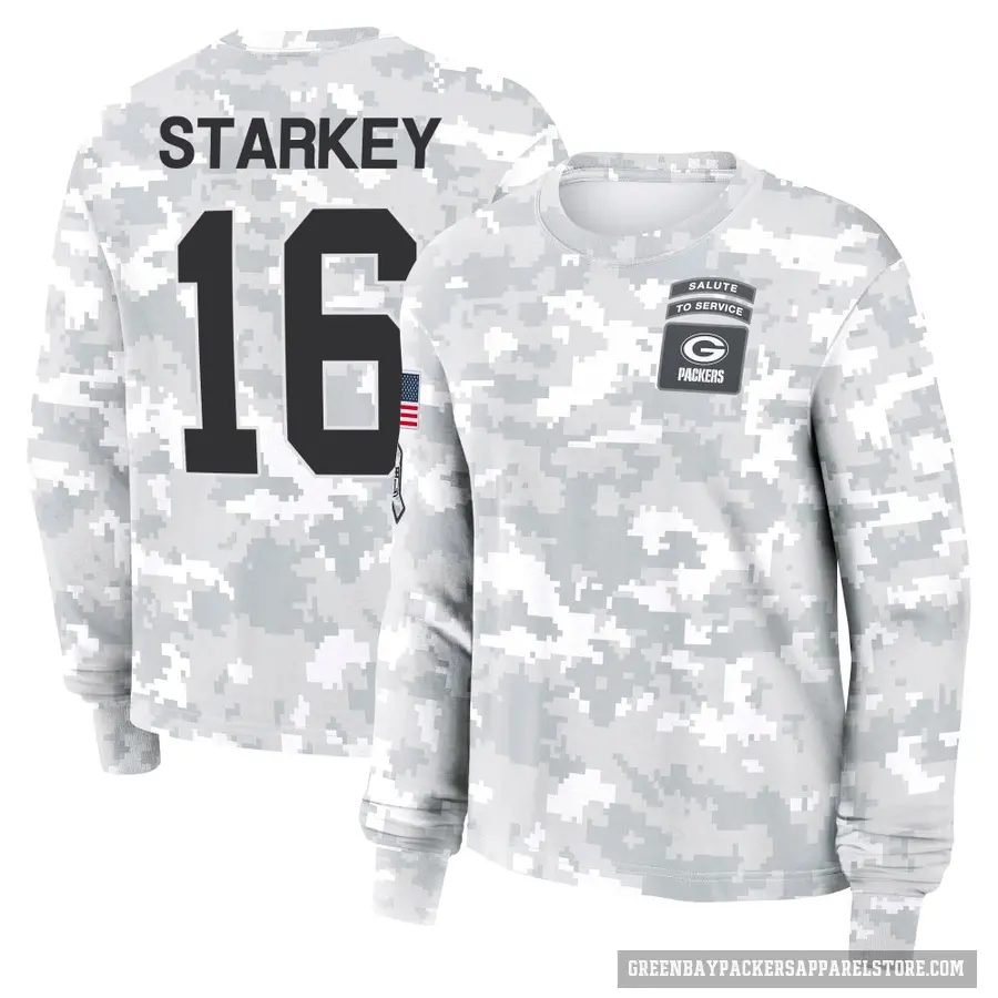 Women's ＃16 Rory Starkey Green Bay Packers Camo Arctic 2024 Salute to Service Long Sleeve T-Shirt