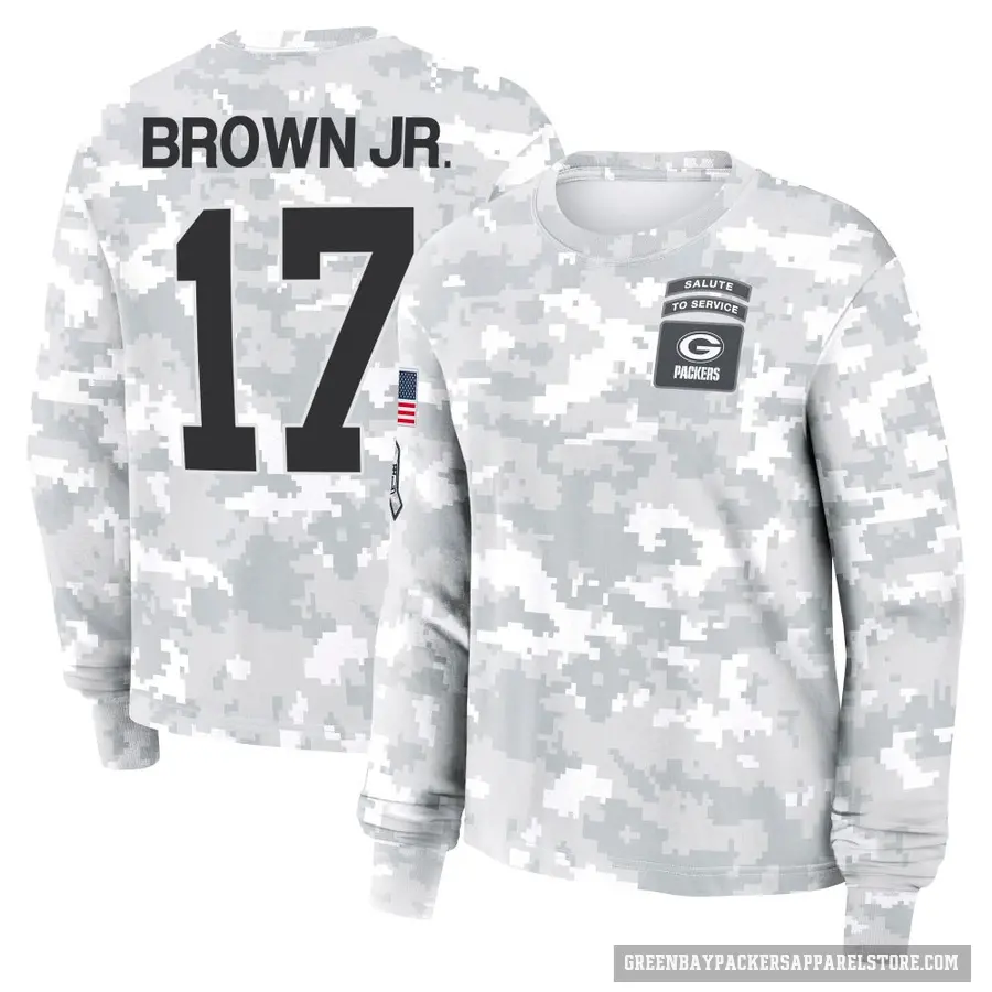 Women's ＃17 Sam Brown Jr. Green Bay Packers Brown Arctic Camo 2024 Salute to Service Long Sleeve T-Shirt