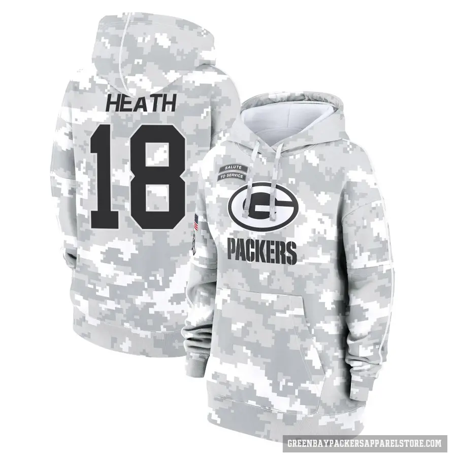 Women's ＃18 Malik Heath Green Bay Packers Arctic Camo 2024 Salute to Service Club Fleece Pullover Hoodie