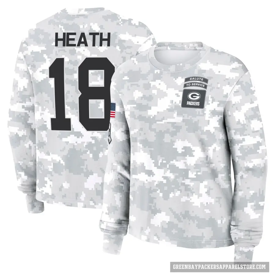Women's ＃18 Malik Heath Green Bay Packers Camo Arctic 2024 Salute to Service Long Sleeve T-Shirt