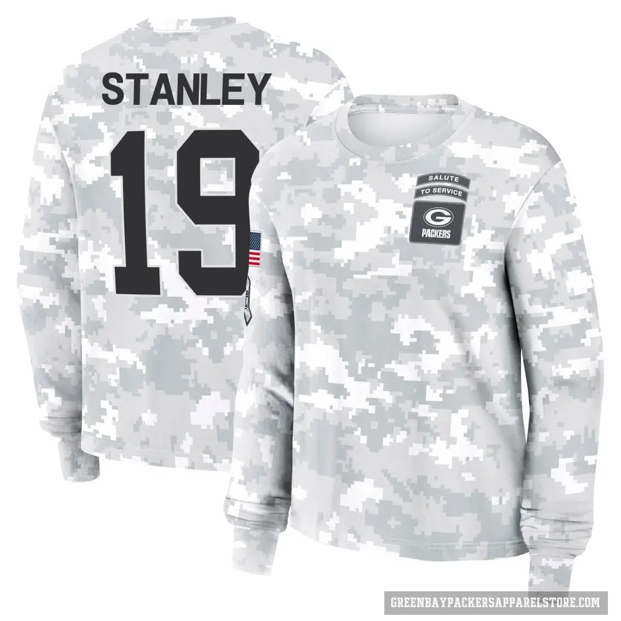 Women's ＃19 Dimitri Stanley Green Bay Packers Camo Arctic 2024 Salute to Service Long Sleeve T-Shirt