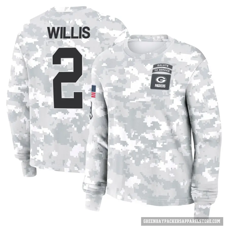 Women's ＃2 Malik Willis Green Bay Packers Camo Arctic 2024 Salute to Service Long Sleeve T-Shirt