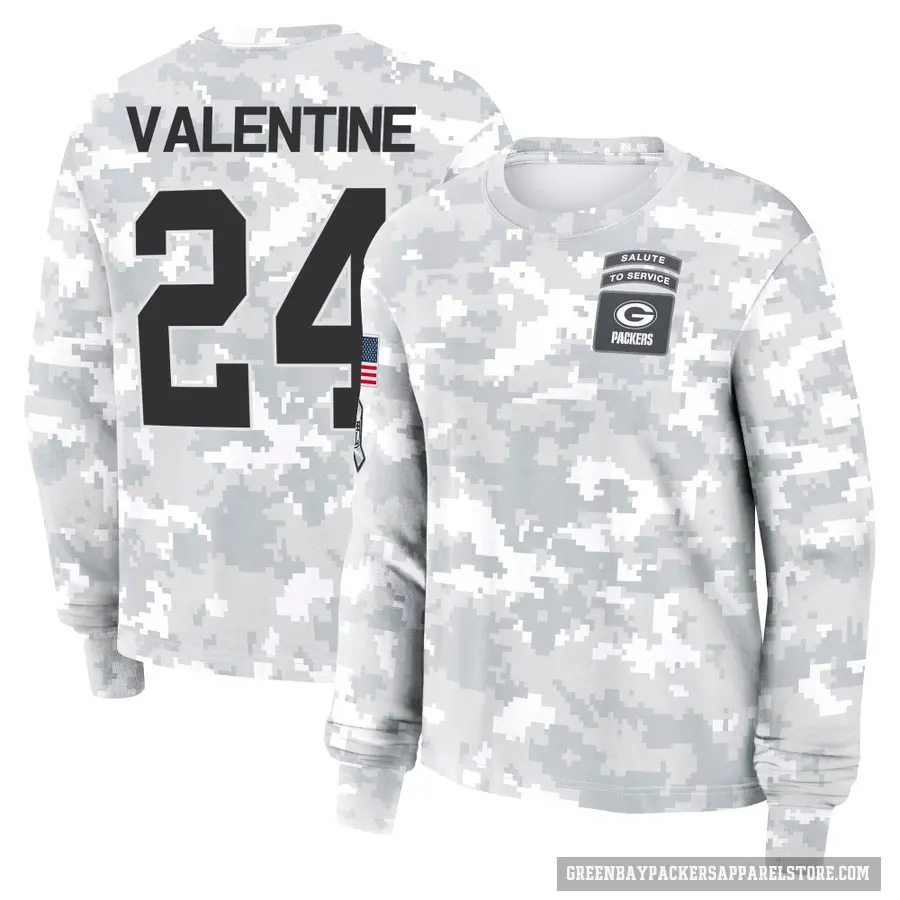 Women's ＃24 Carrington Valentine Green Bay Packers Camo Arctic 2024 Salute to Service Long Sleeve T-Shirt