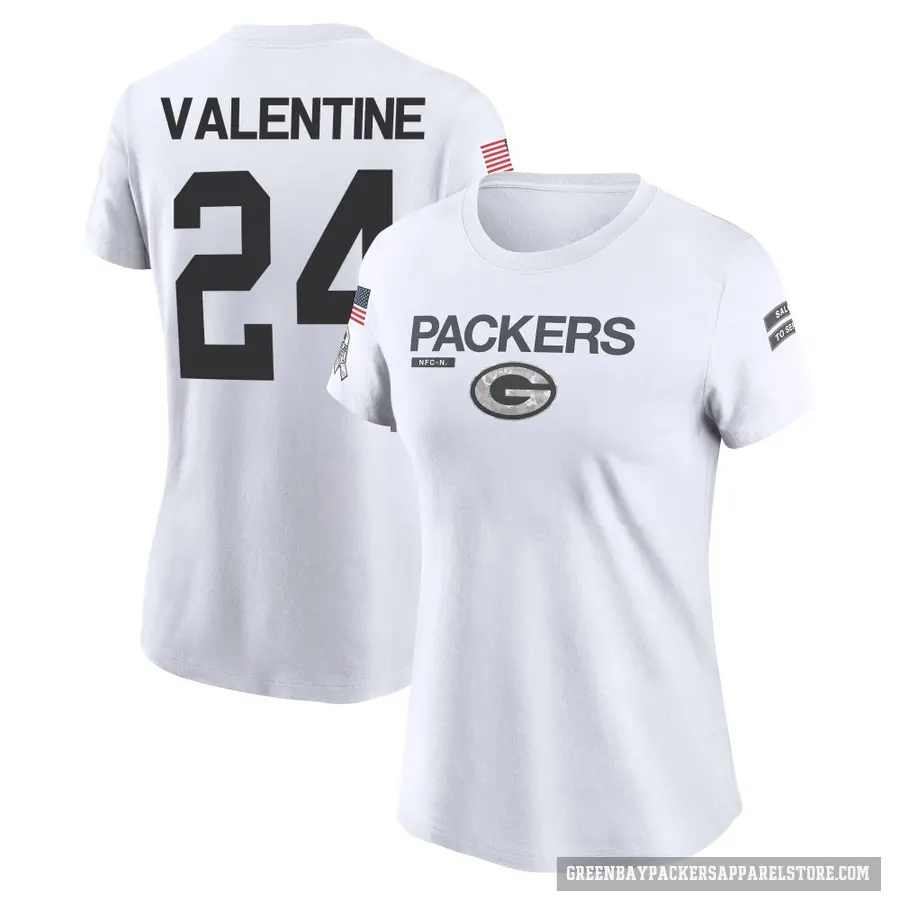 Women's ＃24 Carrington Valentine Green Bay Packers White 2024 Salute to Service Performance T-Shirt