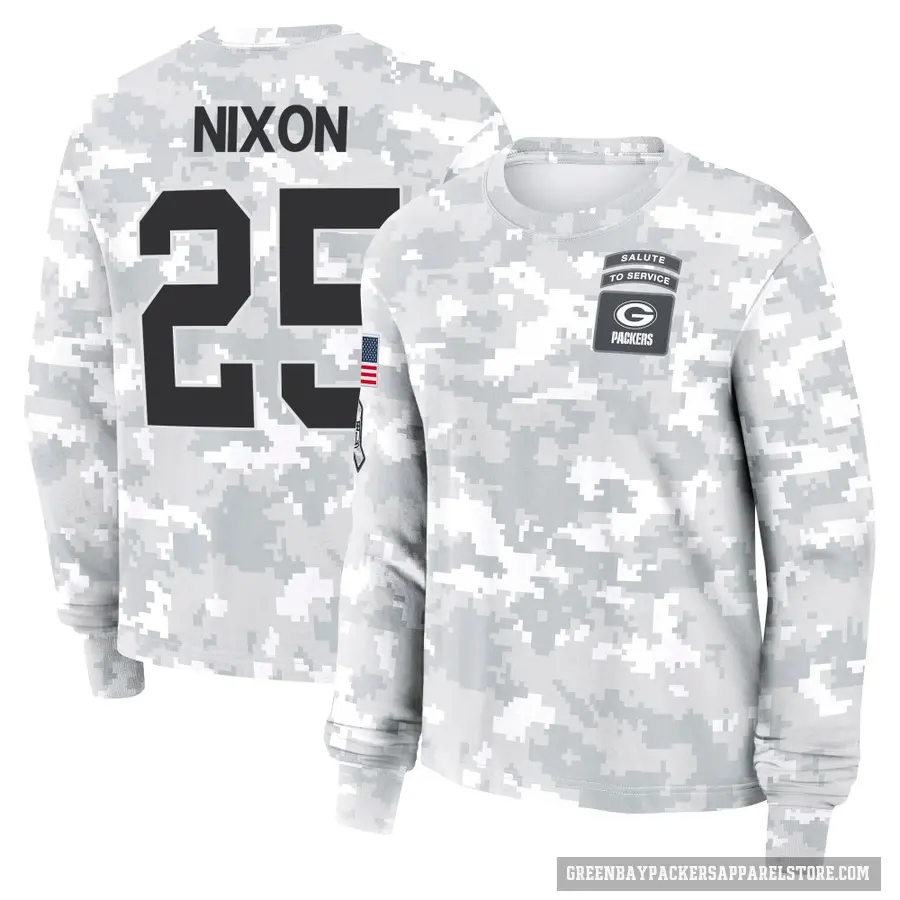 Women's ＃25 Keisean Nixon Green Bay Packers Camo Arctic 2024 Salute to Service Long Sleeve T-Shirt