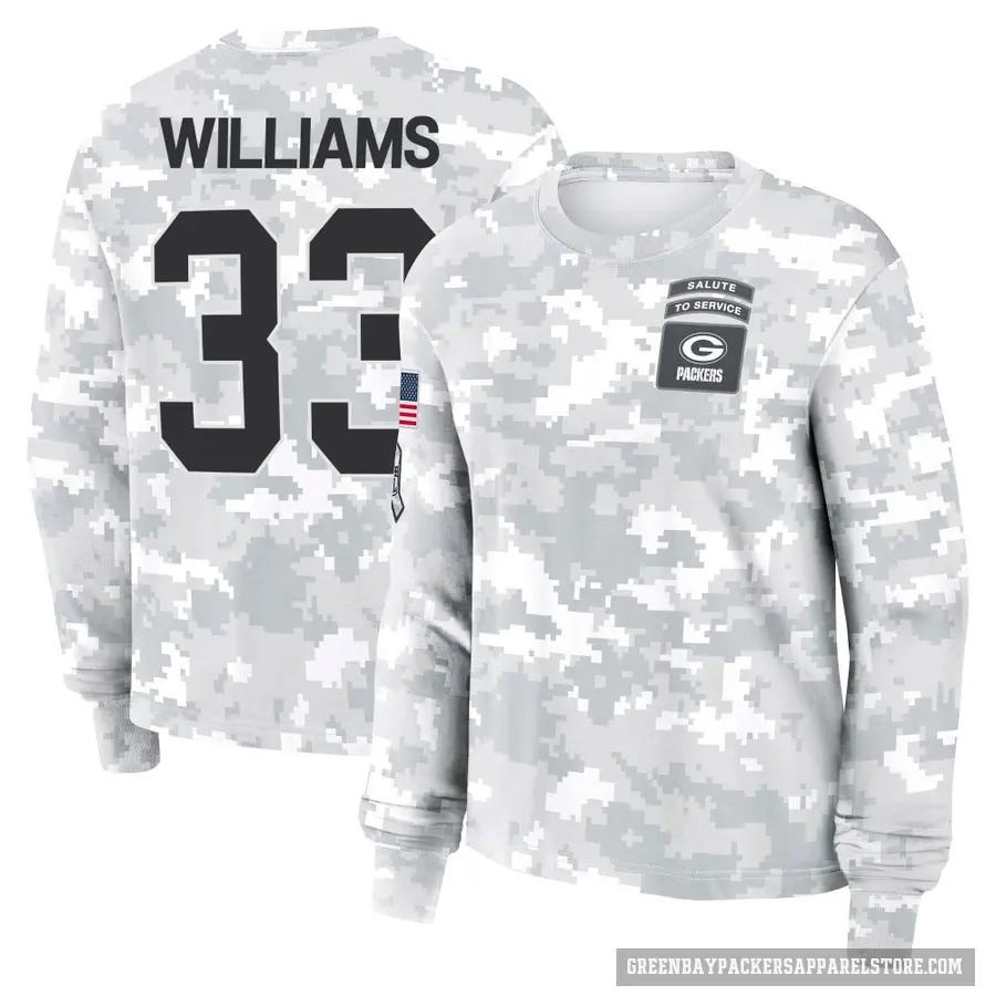 Women's ＃33 Evan Williams Green Bay Packers Camo Arctic 2024 Salute to Service Long Sleeve T-Shirt