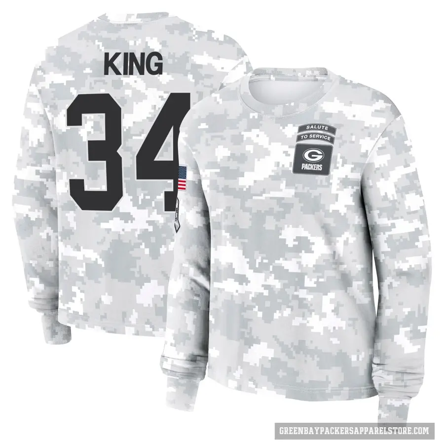 Women's ＃34 Kalen King Green Bay Packers Camo Arctic 2024 Salute to Service Long Sleeve T-Shirt