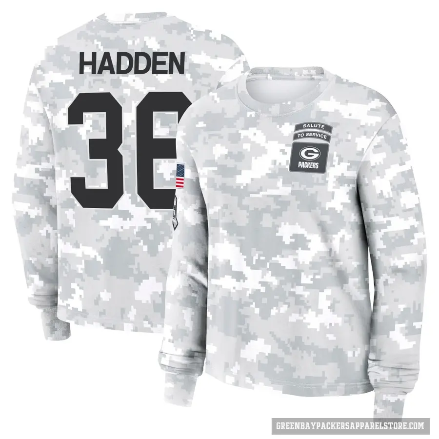 Women's ＃36 Kamal Hadden Green Bay Packers Camo Arctic 2024 Salute to Service Long Sleeve T-Shirt