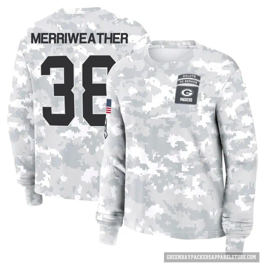 Women's ＃38 Ellis Merriweather Green Bay Packers Camo Arctic 2024 Salute to Service Long Sleeve T-Shirt