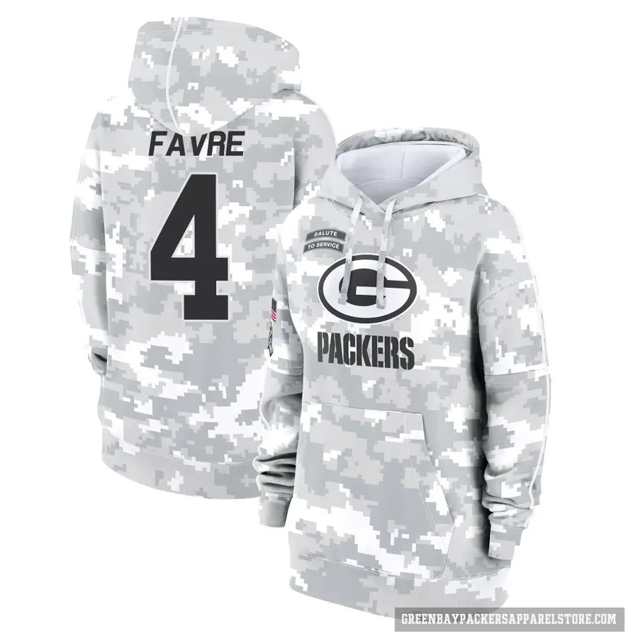Women's ＃4 Brett Favre Green Bay Packers Arctic Camo 2024 Salute to Service Club Fleece Pullover Hoodie