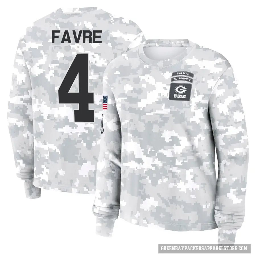 Women's ＃4 Brett Favre Green Bay Packers Camo Arctic 2024 Salute to Service Long Sleeve T-Shirt