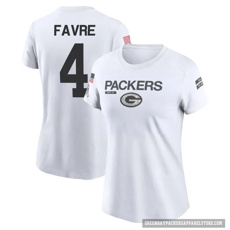 Women's ＃4 Brett Favre Green Bay Packers White 2024 Salute to Service Performance T-Shirt
