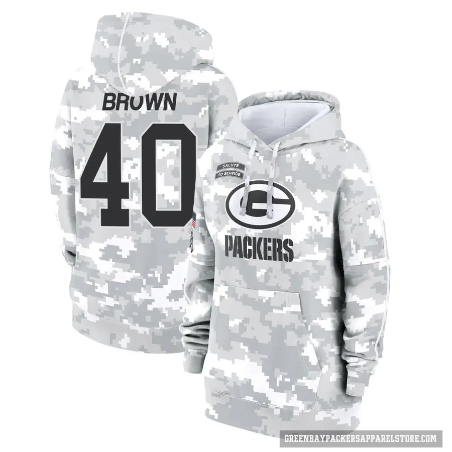 Women's ＃40 Omar Brown Green Bay Packers Arctic Camo 2024 Salute to Service Club Fleece Pullover Hoodie