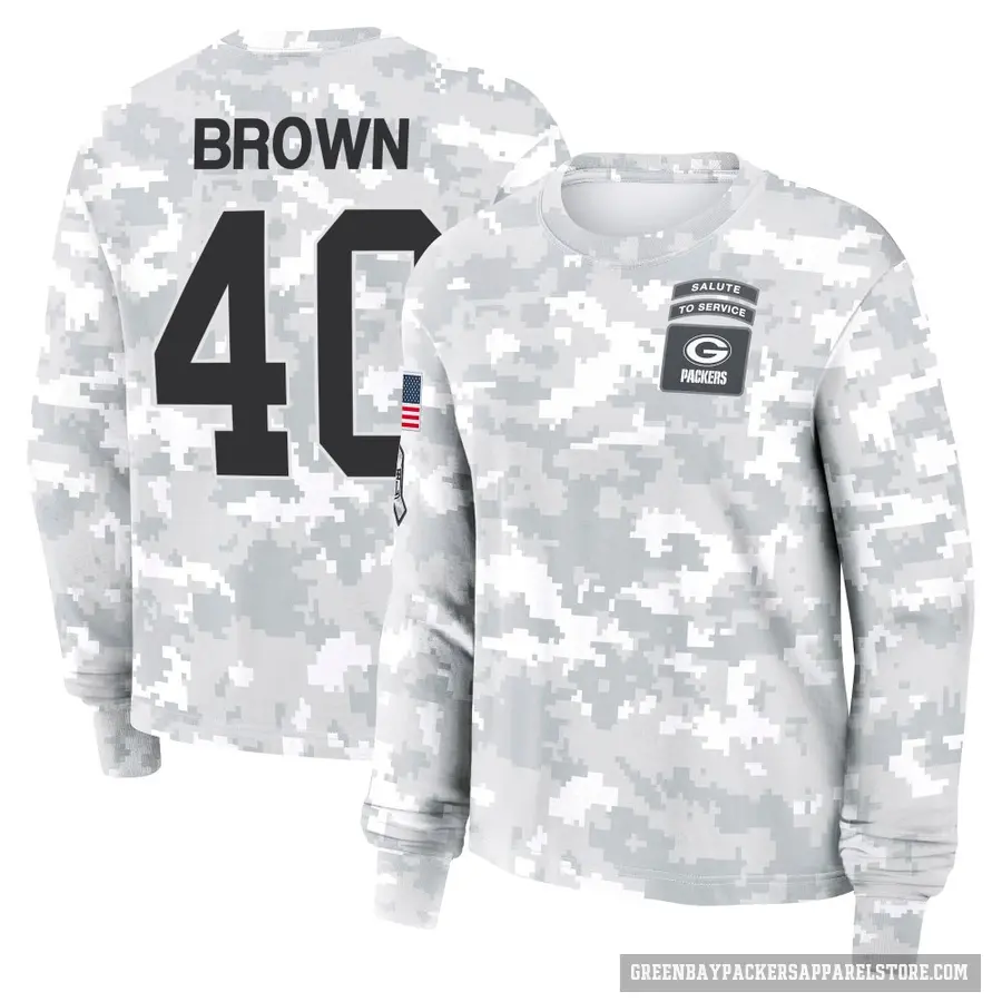 Women's ＃40 Omar Brown Green Bay Packers Brown Arctic Camo 2024 Salute to Service Long Sleeve T-Shirt