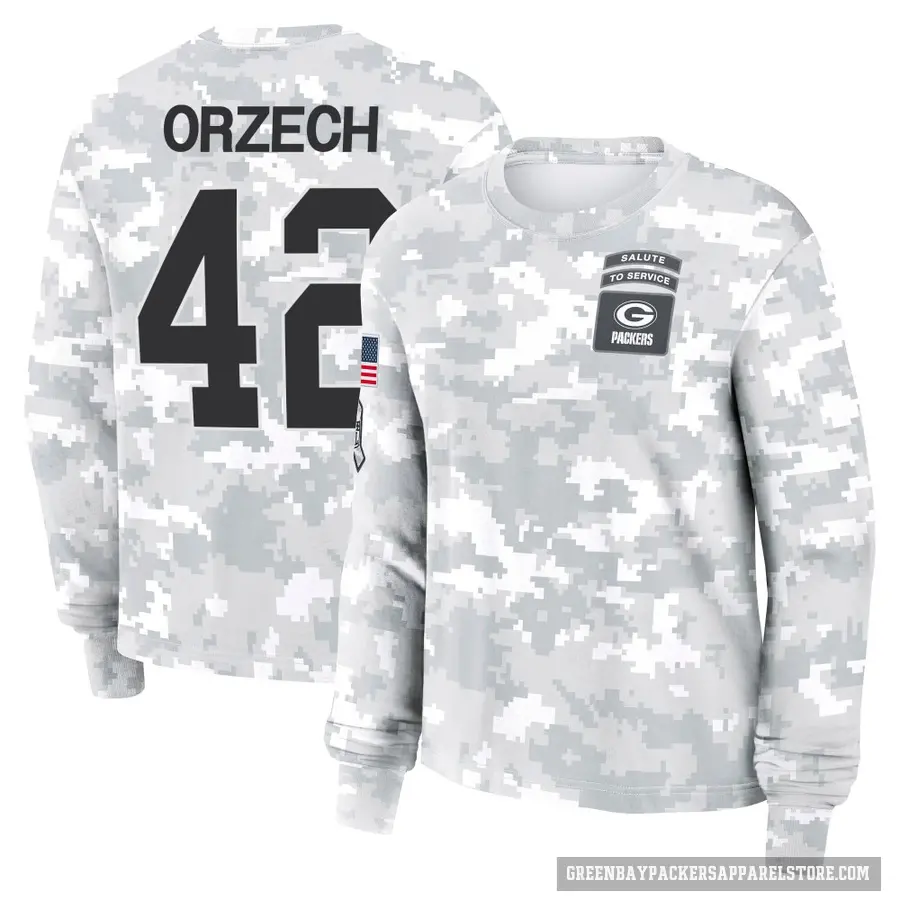 Women's ＃42 Matt Orzech Green Bay Packers Camo Arctic 2024 Salute to Service Long Sleeve T-Shirt