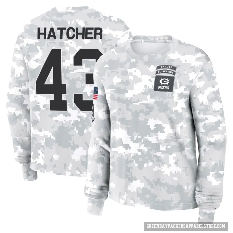 Women's ＃43 Broughton Hatcher Green Bay Packers Camo Arctic 2024 Salute to Service Long Sleeve T-Shirt