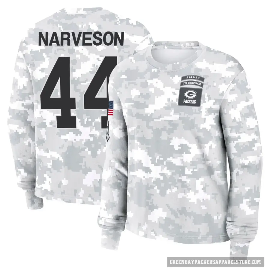 Women's ＃44 Brayden Narveson Green Bay Packers Camo Arctic 2024 Salute to Service Long Sleeve T-Shirt