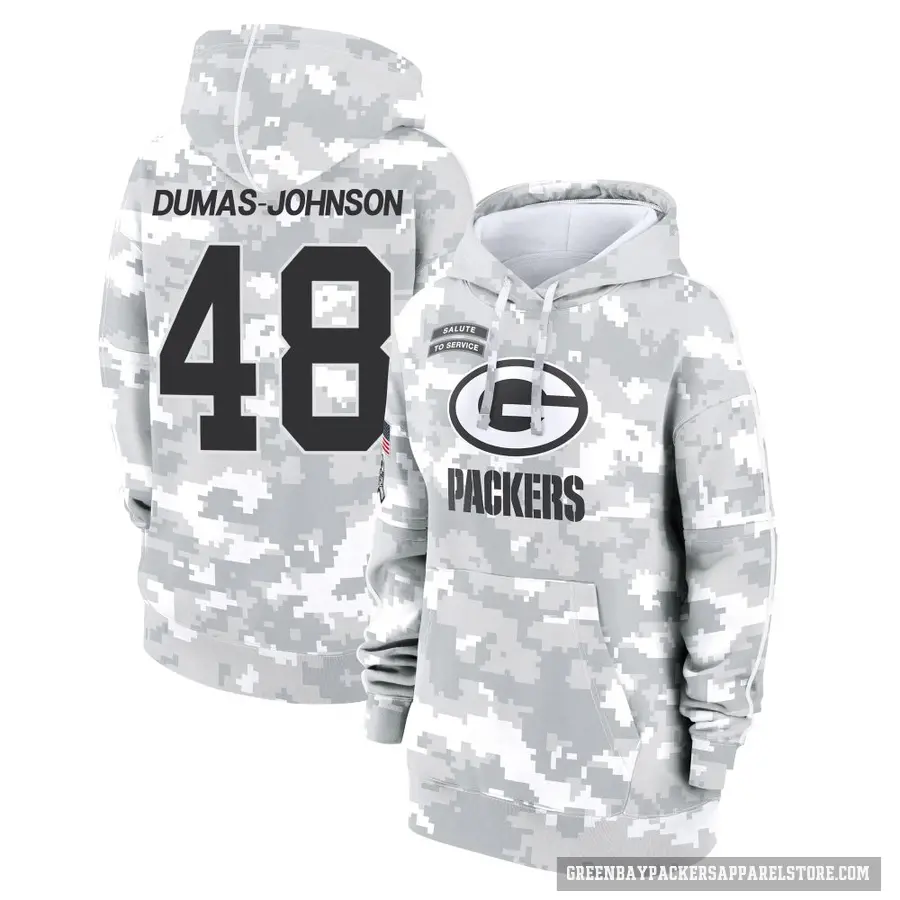 Women's ＃48 Jamon Dumas-Johnson Green Bay Packers Arctic Camo 2024 Salute to Service Club Fleece Pullover Hoodie