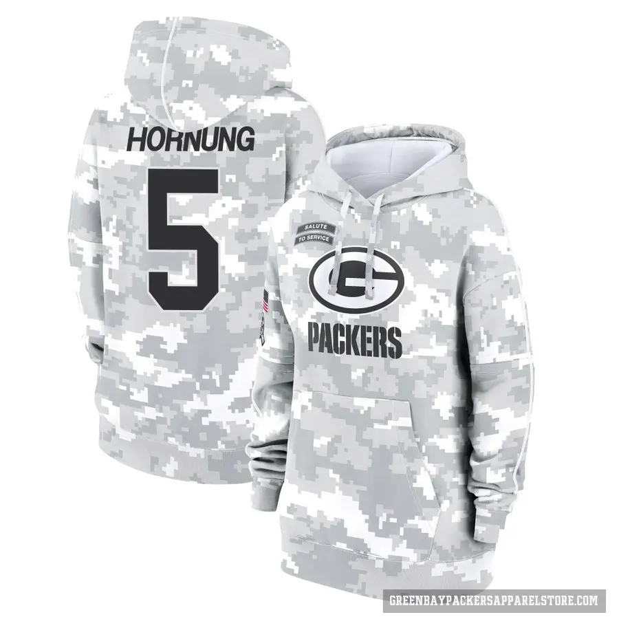 Women's ＃5 Paul Hornung Green Bay Packers Arctic Camo 2024 Salute to Service Club Fleece Pullover Hoodie
