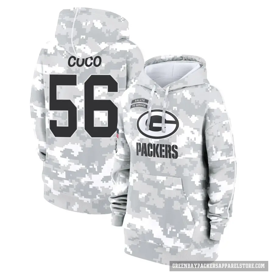Women's ＃56 Jack Coco Green Bay Packers Arctic Camo 2024 Salute to Service Club Fleece Pullover Hoodie