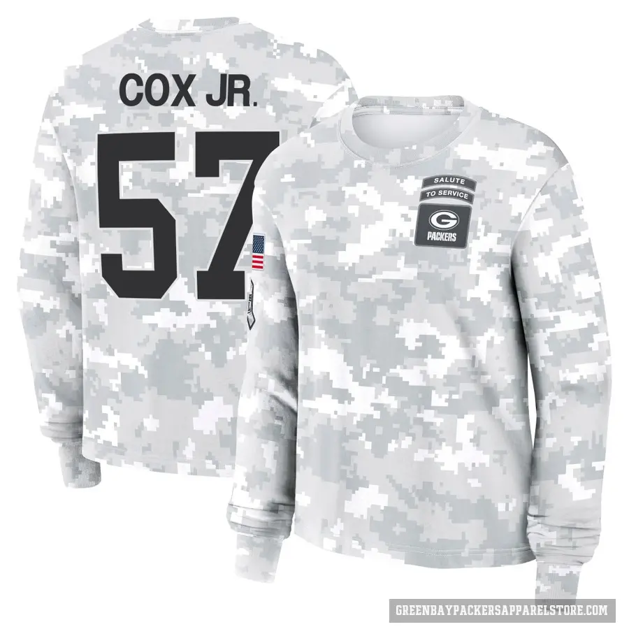 Women's ＃57 Brenton Cox Jr. Green Bay Packers Camo Arctic 2024 Salute to Service Long Sleeve T-Shirt