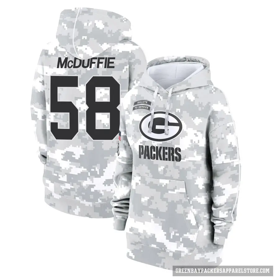 Women's ＃58 Isaiah McDuffie Green Bay Packers Arctic Camo 2024 Salute to Service Club Fleece Pullover Hoodie