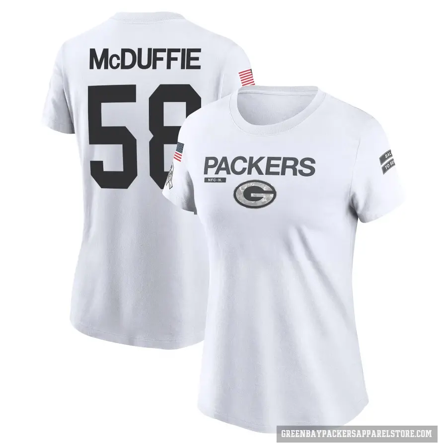 Women's ＃58 Isaiah McDuffie Green Bay Packers White 2024 Salute to Service Performance T-Shirt