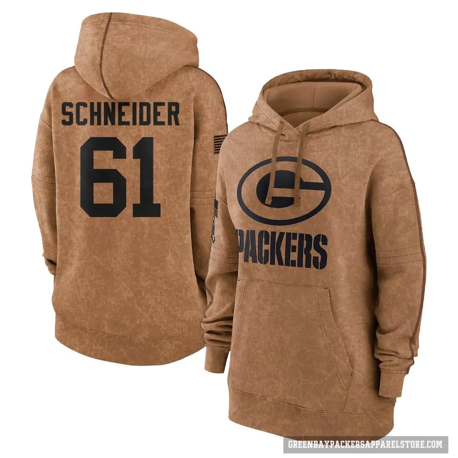 Women's ＃61 Cole Schneider Green Bay Packers Brown 2023 Salute To Service Pullover Hoodie