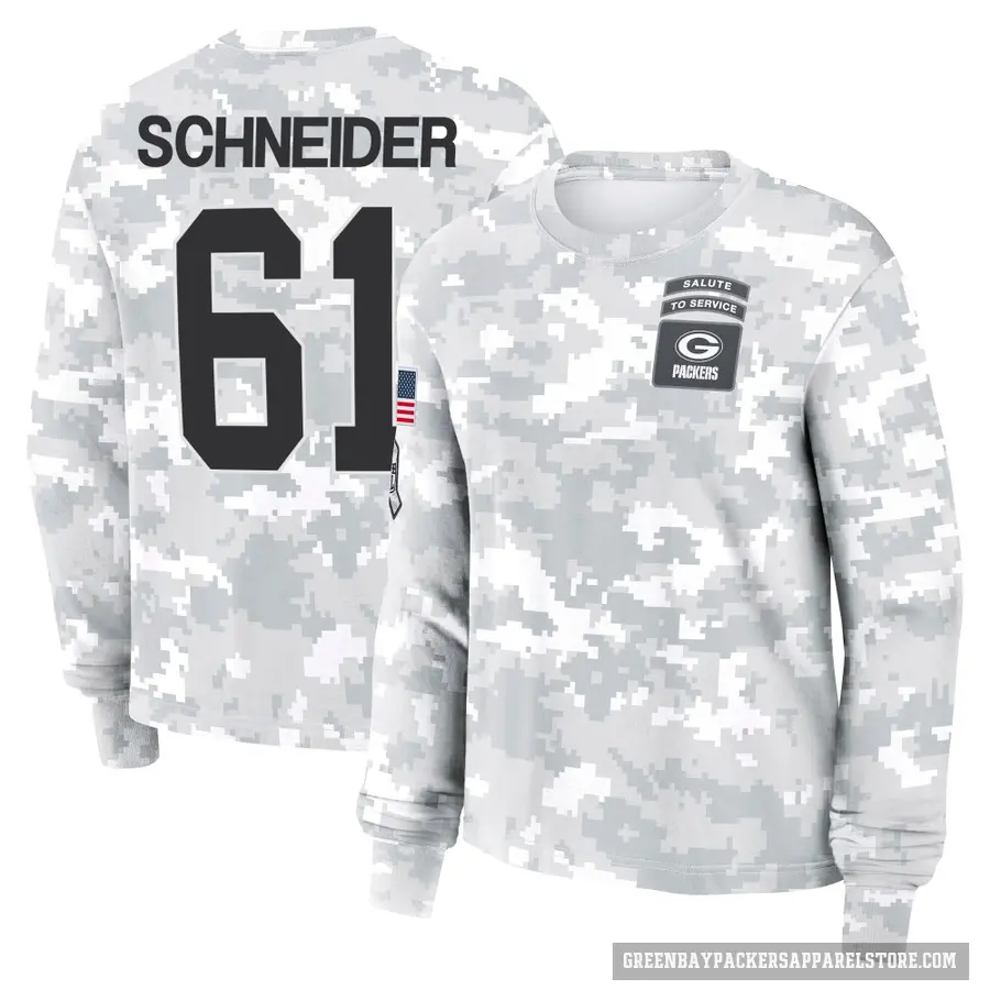 Women's ＃61 Cole Schneider Green Bay Packers Camo Arctic 2024 Salute to Service Long Sleeve T-Shirt