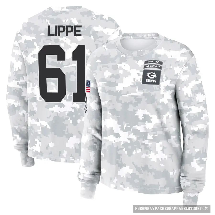 Women's ＃61 J.J. Lippe Green Bay Packers Camo Arctic 2024 Salute to Service Long Sleeve T-Shirt