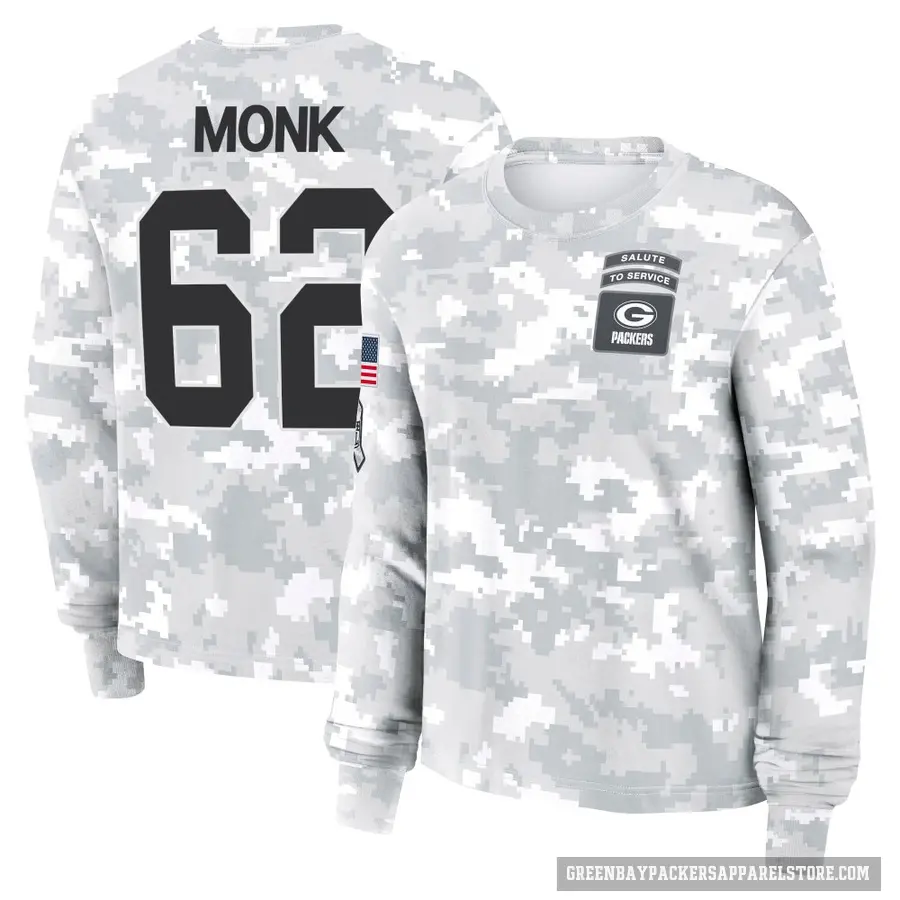 Women's ＃62 Jacob Monk Green Bay Packers Camo Arctic 2024 Salute to Service Long Sleeve T-Shirt