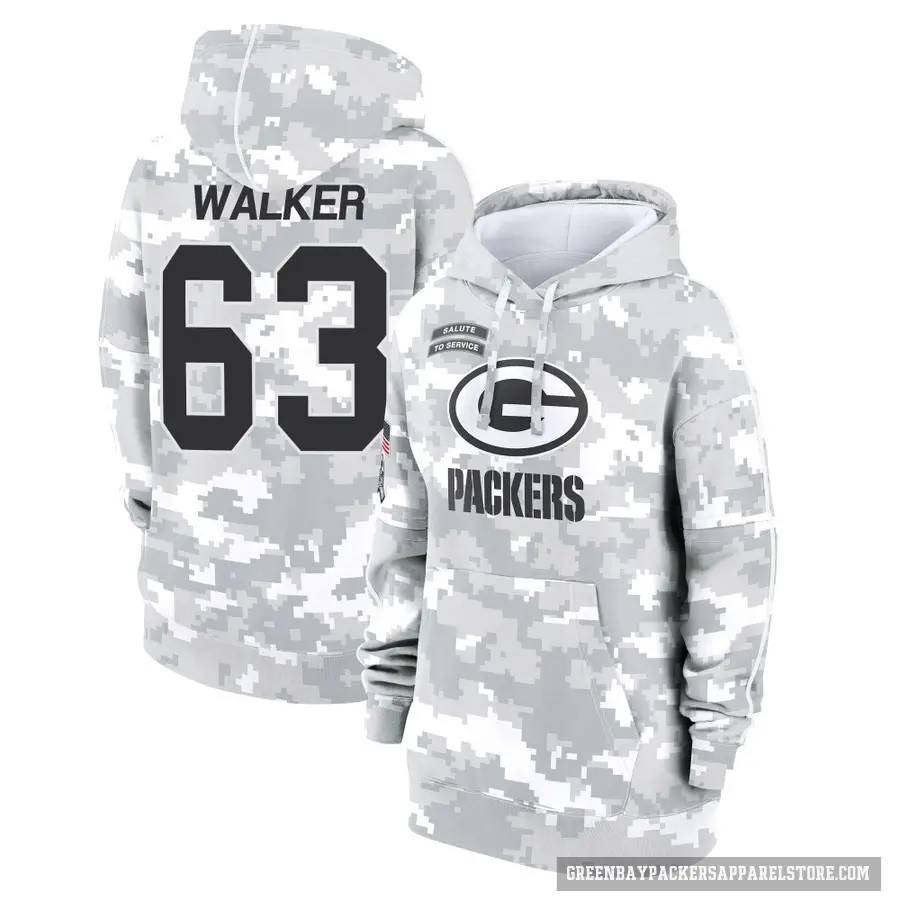 Women's ＃63 Rasheed Walker Green Bay Packers Arctic Camo 2024 Salute to Service Club Fleece Pullover Hoodie