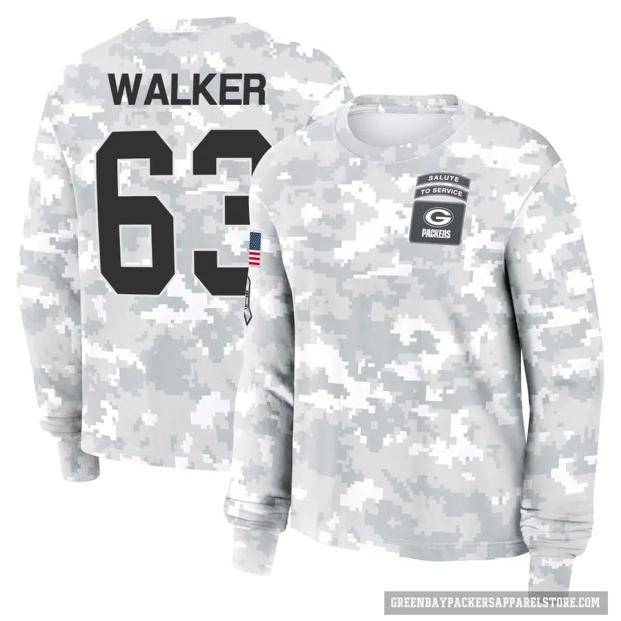 Women's ＃63 Rasheed Walker Green Bay Packers Camo Arctic 2024 Salute to Service Long Sleeve T-Shirt