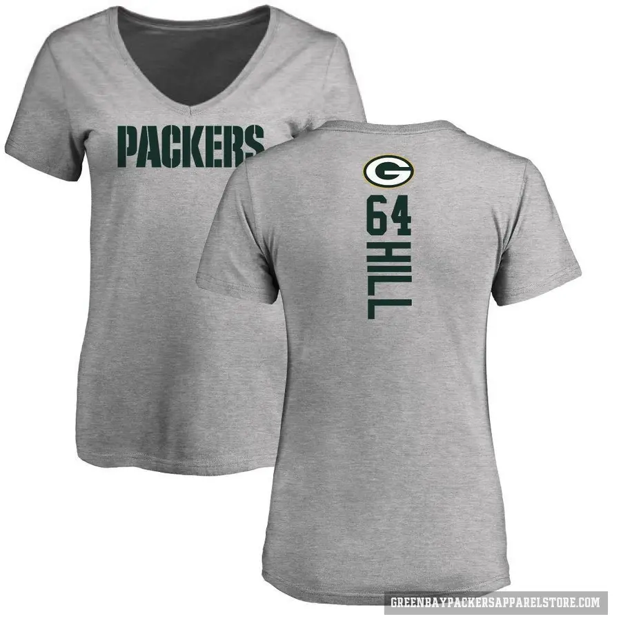 Women's ＃64 Trey Hill Green Bay Packers Ash Backer V-Neck T-Shirt