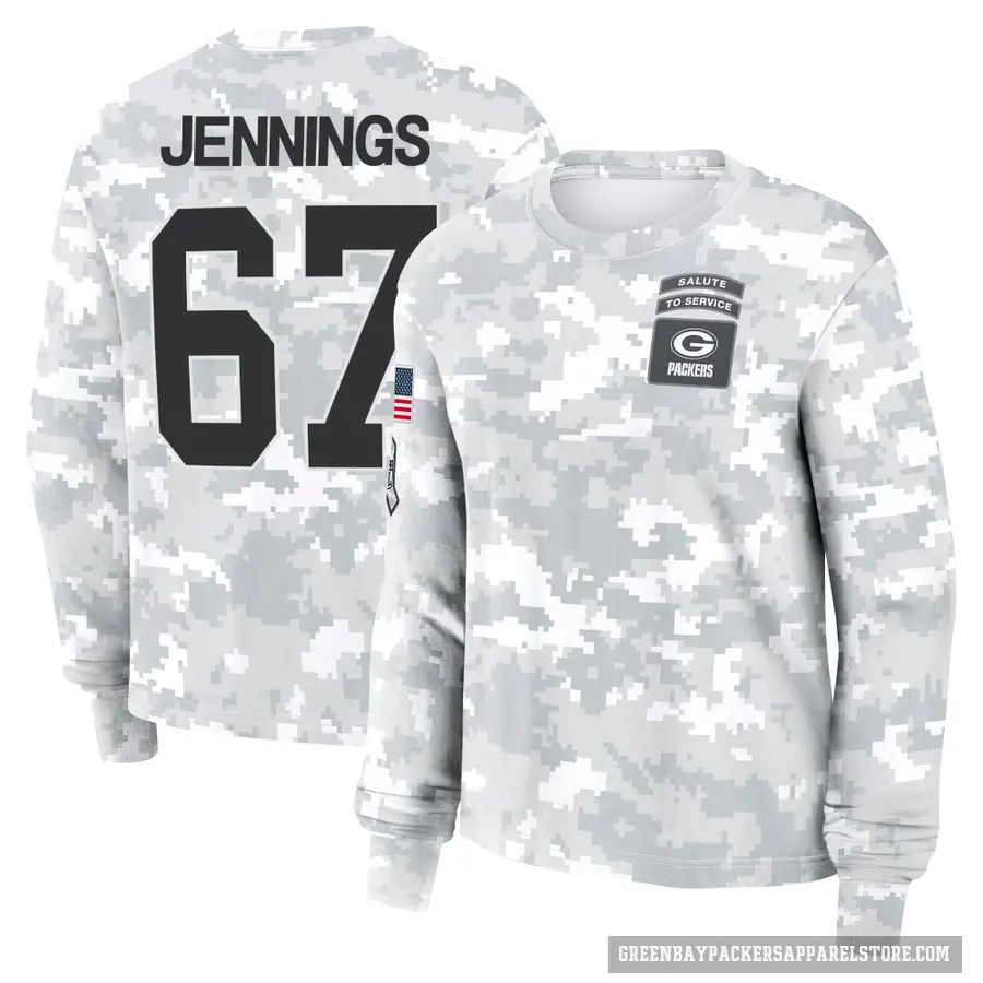 Women's ＃67 Donovan Jennings Green Bay Packers Camo Arctic 2024 Salute to Service Long Sleeve T-Shirt