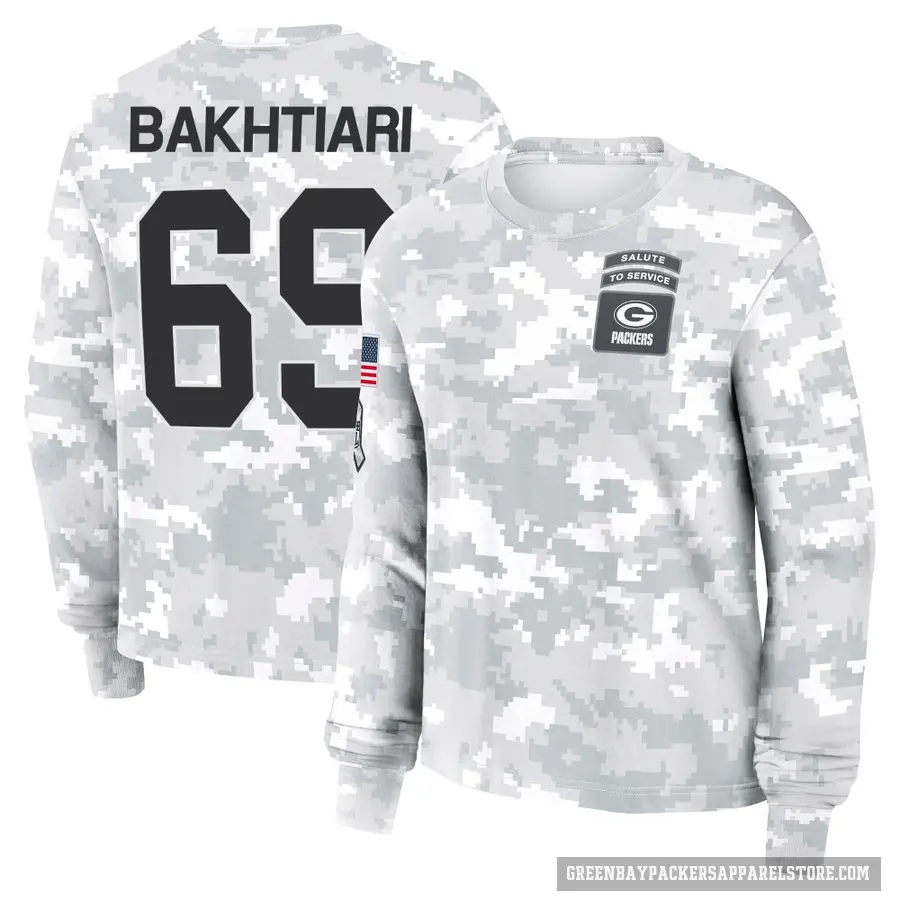 Women's ＃69 David Bakhtiari Green Bay Packers Camo Arctic 2024 Salute to Service Long Sleeve T-Shirt