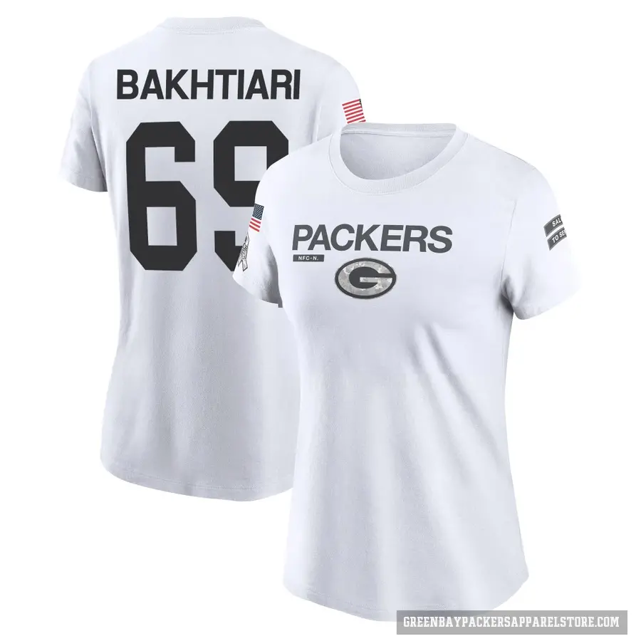 Women's ＃69 David Bakhtiari Green Bay Packers White 2024 Salute to Service Performance T-Shirt