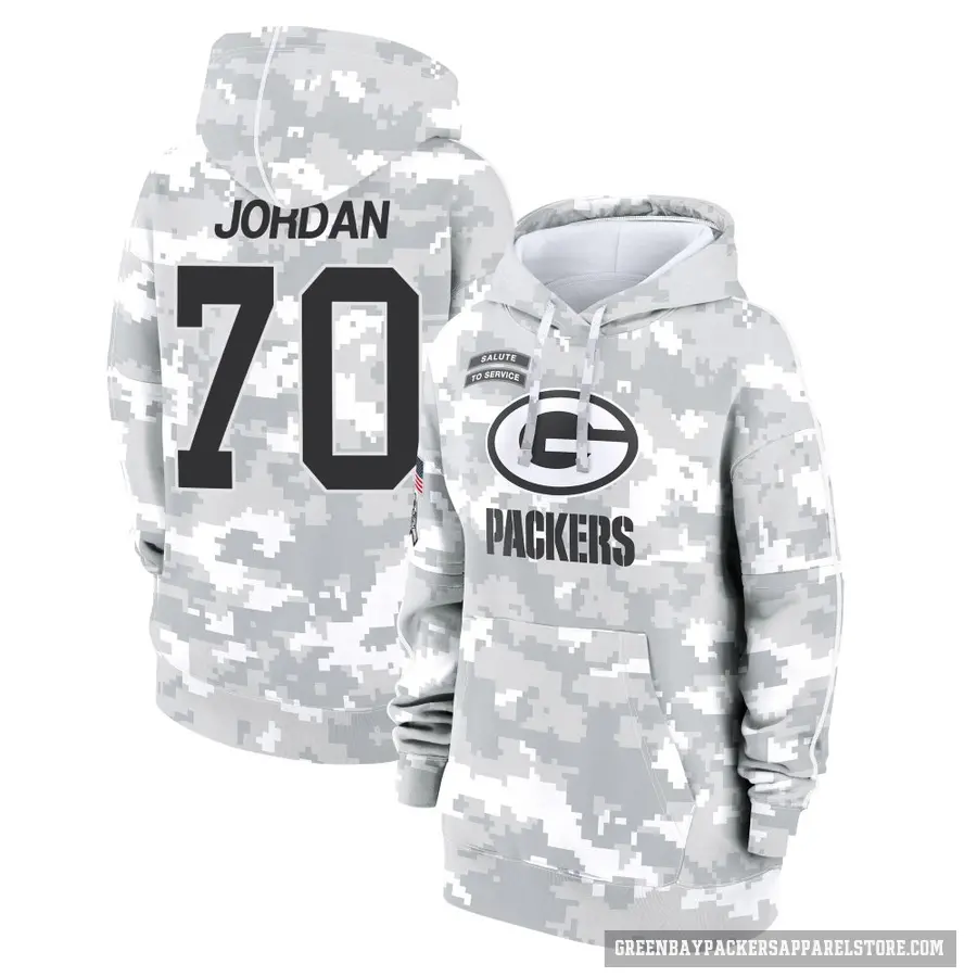 Women's ＃70 Michael Jordan Green Bay Packers Arctic Camo 2024 Salute to Service Club Fleece Pullover Hoodie