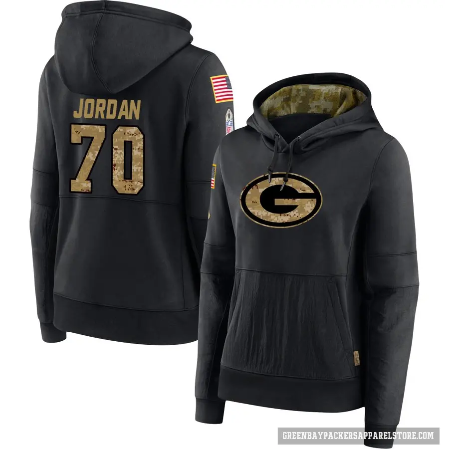 Women's ＃70 Michael Jordan Green Bay Packers Black 2020 Salute to Service Sideline Performance Pullover Hoodie