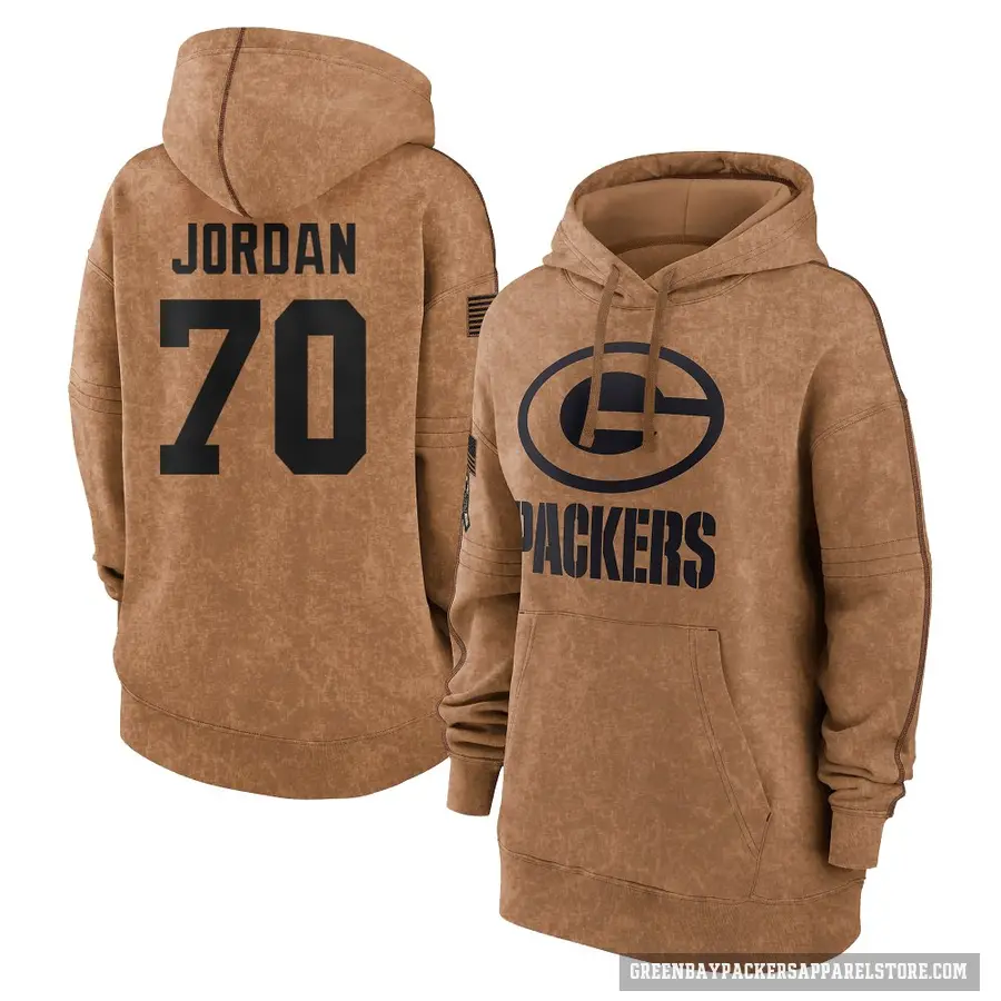 Women's ＃70 Michael Jordan Green Bay Packers Brown 2023 Salute To Service Pullover Hoodie