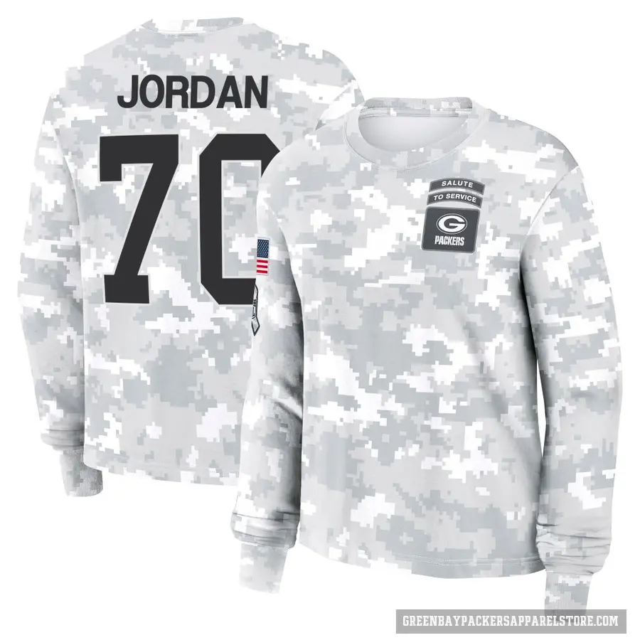 Women's ＃70 Michael Jordan Green Bay Packers Camo Arctic 2024 Salute to Service Long Sleeve T-Shirt