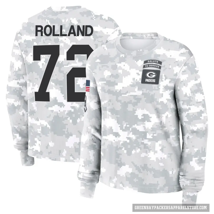 Women's ＃72 Spencer Rolland Green Bay Packers Camo Arctic 2024 Salute to Service Long Sleeve T-Shirt