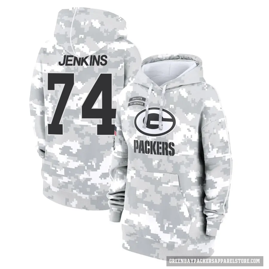 Women's ＃74 Elgton Jenkins Green Bay Packers Arctic Camo 2024 Salute to Service Club Fleece Pullover Hoodie