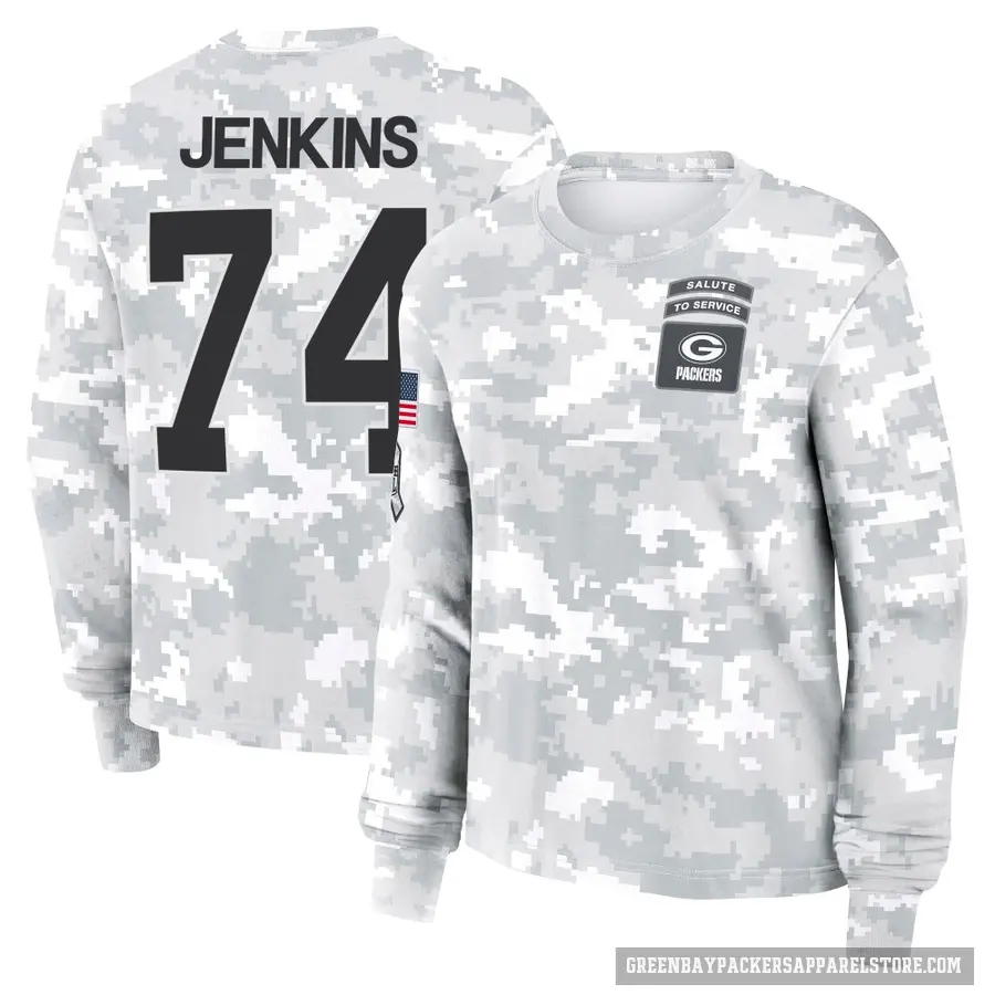 Women's ＃74 Elgton Jenkins Green Bay Packers Camo Arctic 2024 Salute to Service Long Sleeve T-Shirt