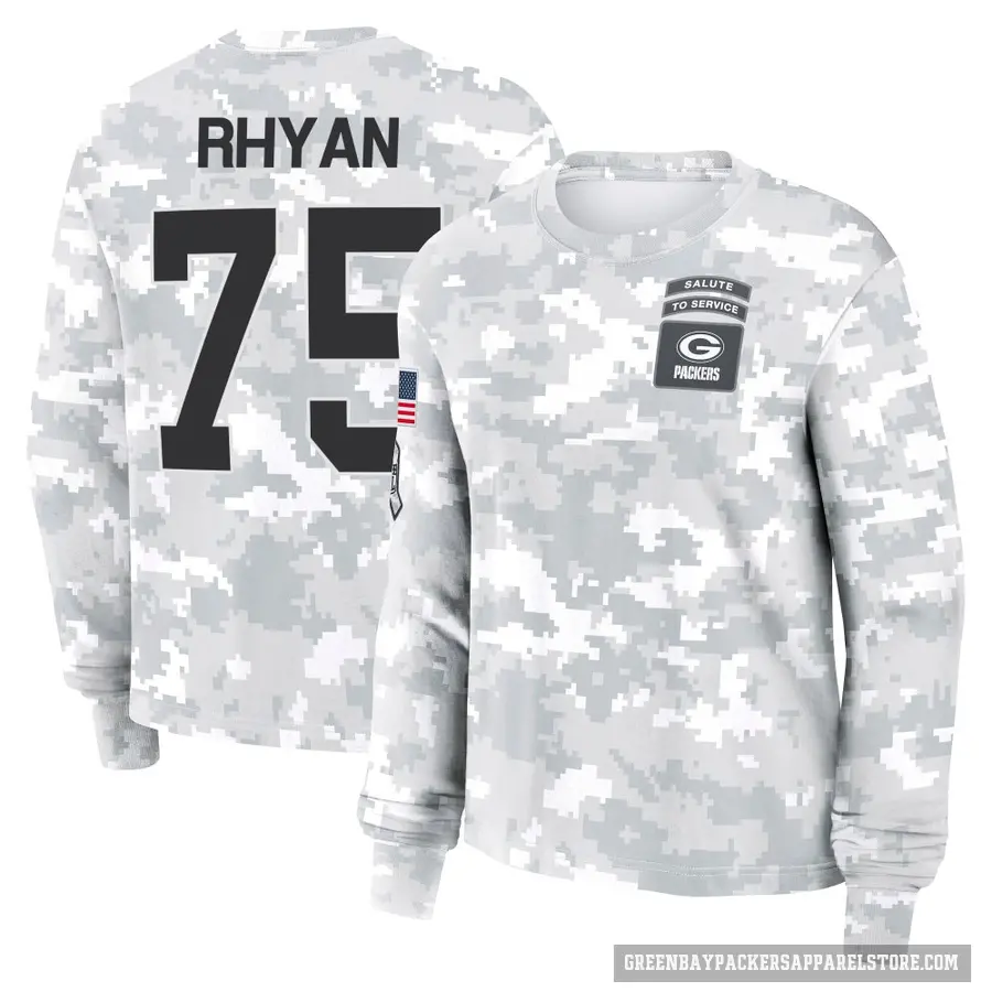 Women's ＃75 Sean Rhyan Green Bay Packers Camo Arctic 2024 Salute to Service Long Sleeve T-Shirt