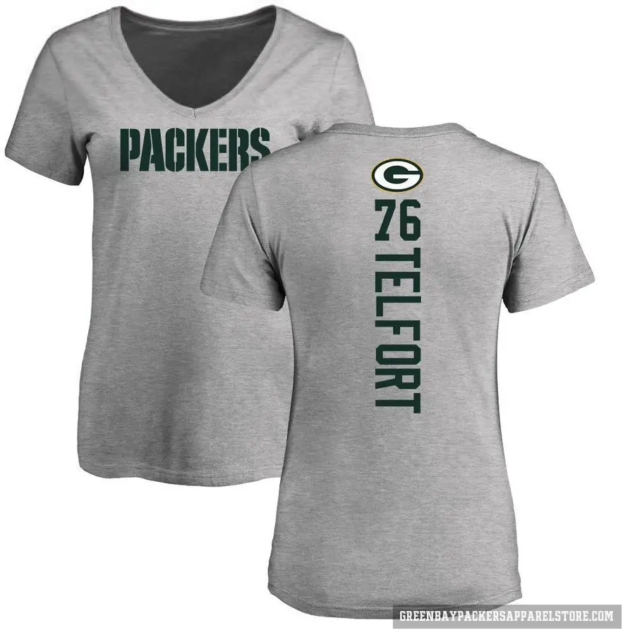 Women's ＃76 Kadeem Telfort Green Bay Packers Ash Backer V-Neck T-Shirt