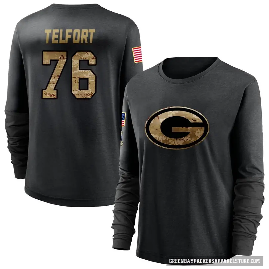Women's ＃76 Kadeem Telfort Green Bay Packers Black 2020 Salute To Service Sideline Performance Long Sleeve T-Shirt
