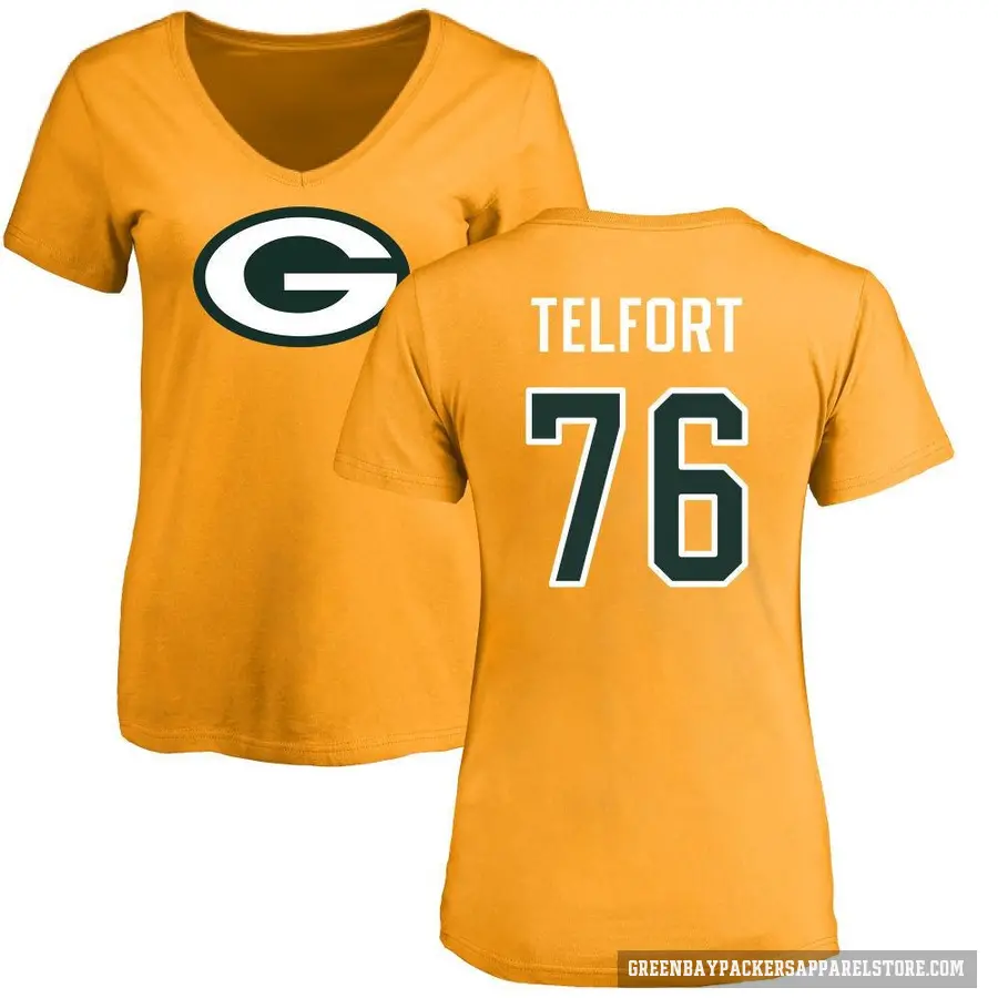 Women's ＃76 Kadeem Telfort Green Bay Packers Gold Logo Slim Fit T-Shirt